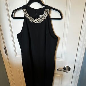 Eliza J - Black Cocktail Dress Diamonds & Pearls Adorn Neckline -  Size 12